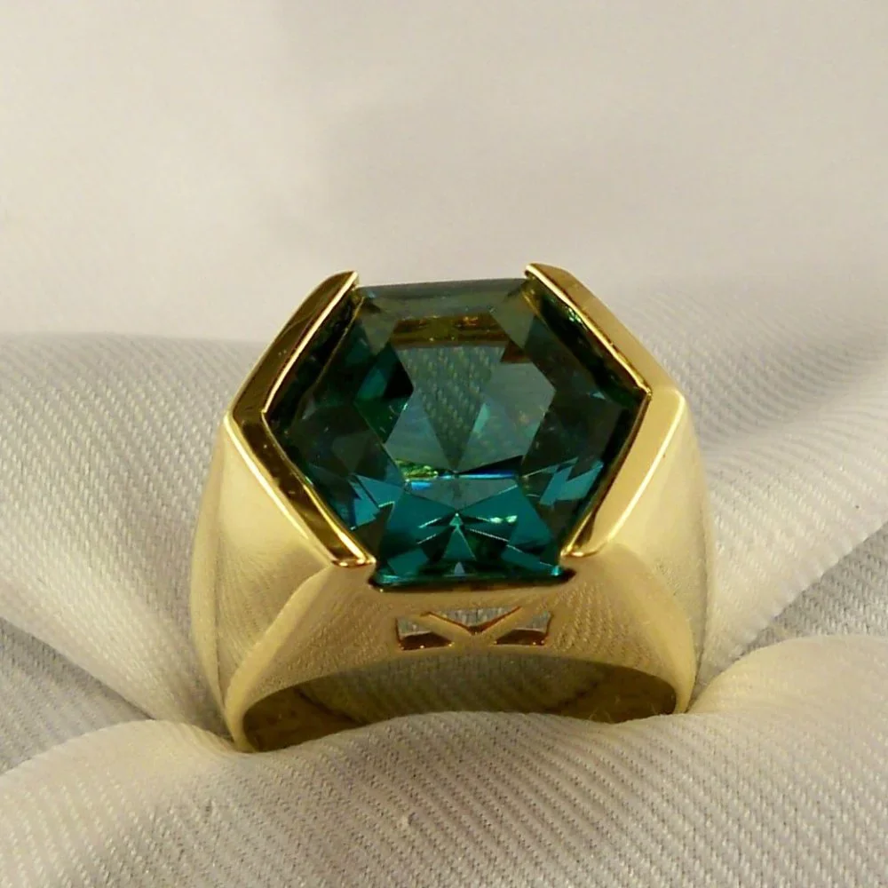 NEW Aquamarine Hexagon Cut Crystal Gold Ring